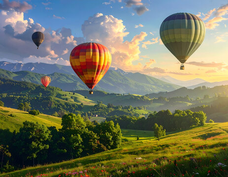 Balon Udara Panas di Atas Bukit Hijau