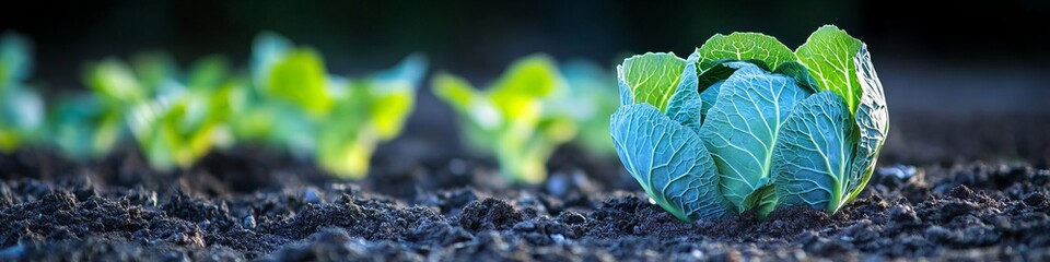 Obraz premium Savoy Cabbage Head Growing in Fertile Garden Soil, Showcasing Lush Green Leaves and Health Benefits