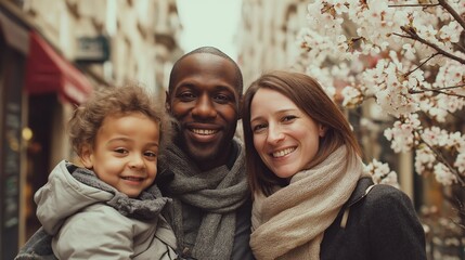 Fototapeta premium Close-up portrait of a happy diverse multiracial family smiling outdoors with spring cherry blossoms