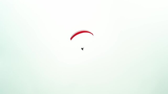 Red paraglider canopy with pilot suspended in harness flying in pale overcast sky. Minimal aerial scene with single paragliding wing isolated against soft background, copy space, outdoor extreme sport