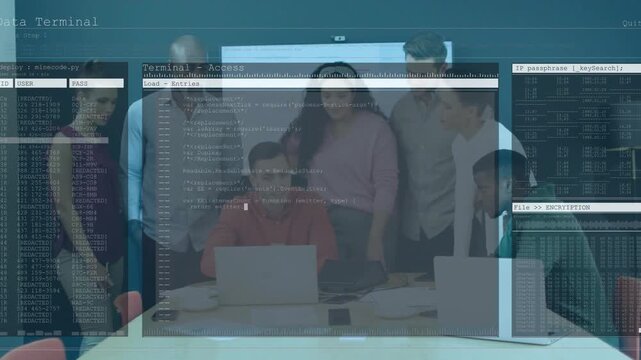 Team leaning around central laptop in meeting, terminal overlay fading in for security audit