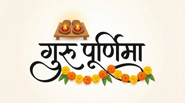 Guru Purnima Hindi calligraphy text with marigold garland and diya paduka illustration on clean background for spiritual greeting banner poster branding design use