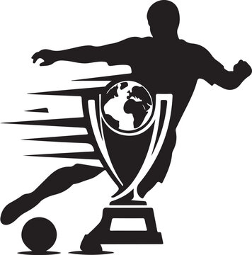 Soccer player silhouette with world cup trophy, football championship vector icon, global sports tournament logo