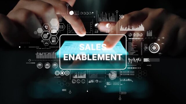 Digital Hands Interacting with Smartphone Displaying Sales Enablement Concepts and Data Visualization in Dark Environment. Asymptotic smart data analytic.