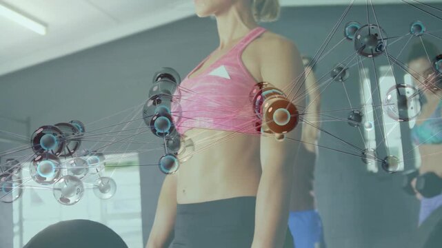 Gym cohort woman in pink sports bra gripping barbell, hinging and lifting for strength with overlay