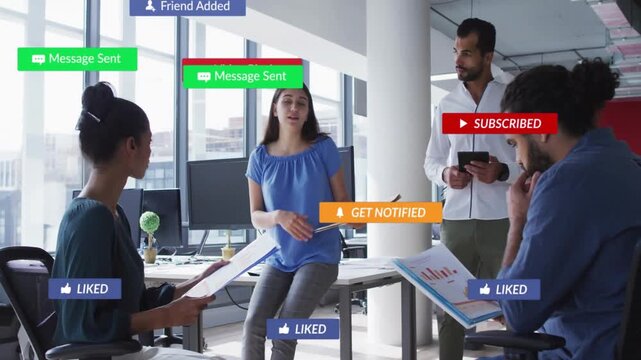 Lead sharing charts, yellow file for biz reports sparking badges rising, fading as team refocusing