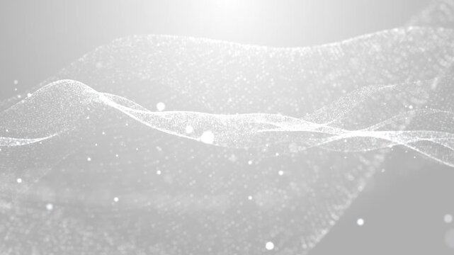 White particle wave on light background, seamless loop animation of flowing digital surface, minimal abstract technology backdrop, soft elegant motion