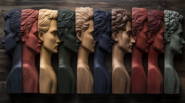 A row of colorful classical busts, line up against a dark background. Artistic display captures elegance, history,  timeless craftsmanship, humanity diversity of species, inclusivity concept.