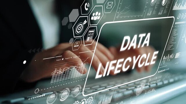 Data Lifecycle Concept Representation with Hands Typing on Keyboard and Digital Graphics in Background. Asymptotic smart data analytic.