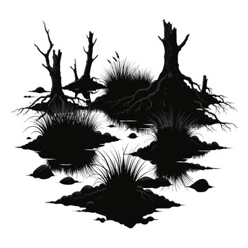 Spooky swamp silhouette with dead trees and marsh grass, eerie wetland landscape vector, dark bayou wilderness with gnarled roots and reeds