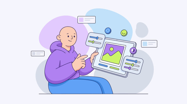 Person controls image editing sliders on digital interface using software. Graphic design tutorials, technology blog, editing software demo.