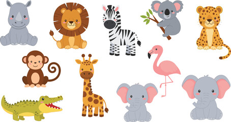 Obraz premium Cute Safari Animals Collection with Lions, Elephants, Giraffes, Monkeys, and More in Vector Style