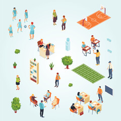 Fototapeta premium school isometric set sports ground schoolhouse teacher pupil characters isolated vector illustration