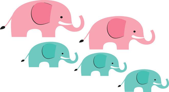 Cute Elephant Family Vector Illustration with Parent and Baby Animals in Minimal Flat Cartoon Style for Kids Design and Nursery Decor.