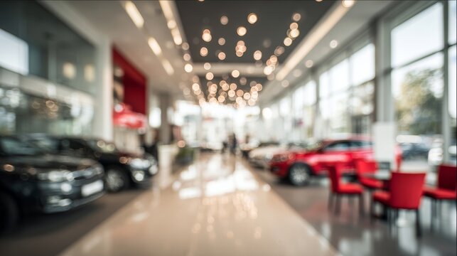 Bright lights and sleek cars create a vibrant atmosphere in a modern auto showroom during a busy day