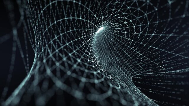 Futuristic wireframe tunnel with glowing nodes, seamless loop animation of digital grid, cyber network concept, abstract technology background motion