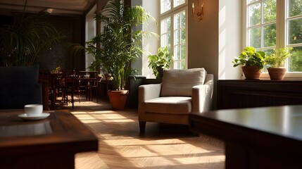 Fototapeta premium A sunlit comfortable lounge area featuring lush tropical plants and stylish furniture conveying a serene and elegant atmosphere