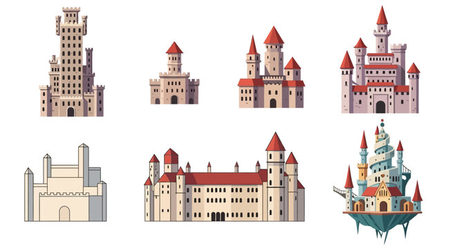 Collection of Illustrated Medieval Castles and Fantasy Buildings in Various Architectural Styles.