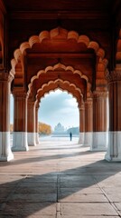 Obraz premium A person walks around a mausoleum with carved details and domes, set against a blue sky in a green space