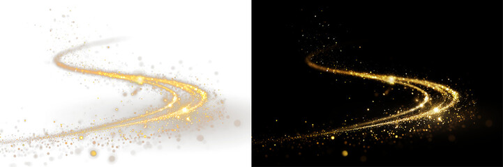 Golden magic dust particles curved light line sparkling wave glitter shine transparent background PNG © ALEXA