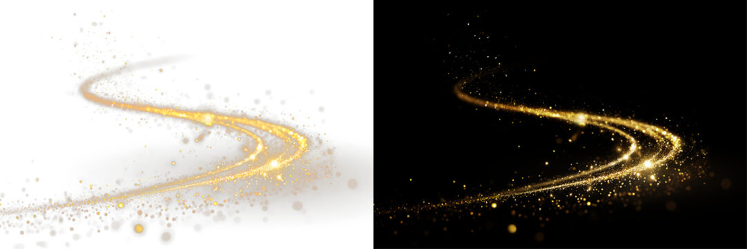 Golden magic dust particles curved light line sparkling wave glitter shine transparent background PNG