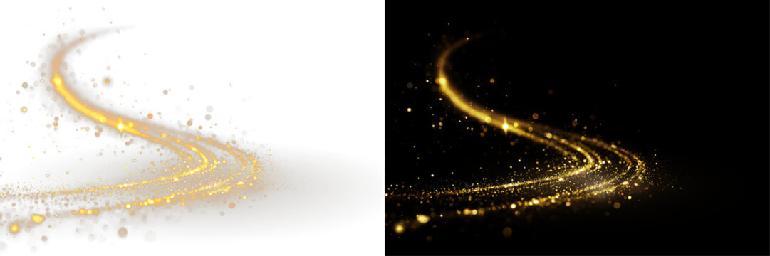 Golden sparkling dust wave curved light line magic glitter particles shining effect transparent background PNG