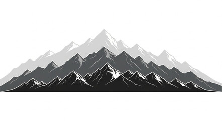 Monochromatic Mountain Range Landscape Illustration with Jagged Peaks and Snowy Tops. © Jahit