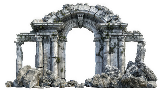 Ruined ancient stone archway with crumbling masonry and debris on isolated on transparent background