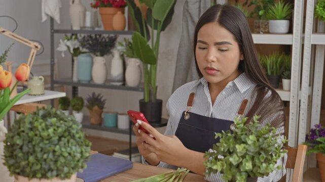 Woman florist holding smartphone and texting in studio among plants and vases; concentration small business.