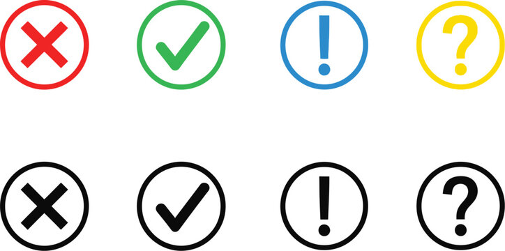 Checkmark and cross vector illustration set including exclamation mark and question mark icons for user interface design elements