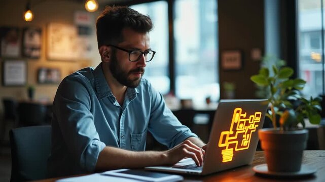 A young man wearing glasses works intently on a laptop at a stylish home office desk with warm lighting, cozy atmosphere, and indoor plant. Modern workplace for remote work or freelancing.