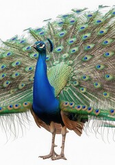 Obraz premium Majestic peacock displaying vibrant plumage in a natural setting