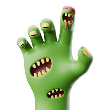 A cartoonish severed green zombie hand with missing fingers and exposed teeth on transparent background