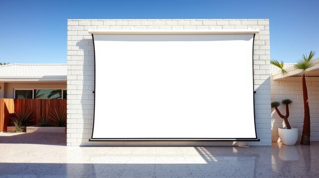 Outdoor movie setup. White screen against brick wall. Sunny day, palm trees visible. Patio area provides viewing space.