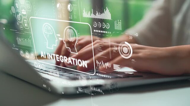 Hands Typing on Laptop with AI Integration Graphics and Data Visualization Elements in Modern Office Environment. Asymptotic smart data analytic.