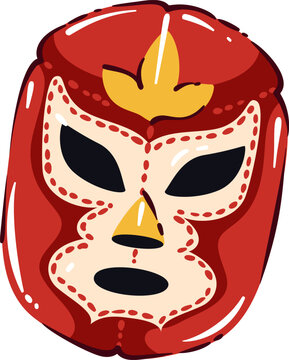 Luchador mask with bold eye cutouts, stitched face pattern and red wrestling design. Mexican costume symbol and lucha libre icon with luchador mask, drawn simple modern style, vector illustration