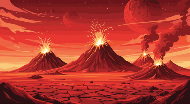 Dramatic pixel art landscape of multiple active volcanoes erupting lava under a deep red sunset sky with distant planets in the horizon.