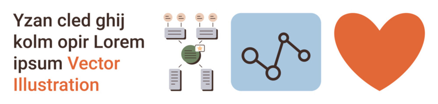 Data organization, connectivity, relationships, system design, communication, and love . Diagram of structured data, network nodes and heart icon. Data organization and connection concept