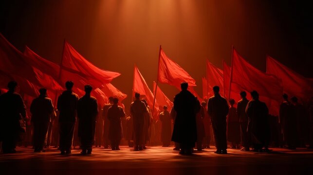 Dramatic gathering of people with red flags in a spotlight at a performance venue during the evening