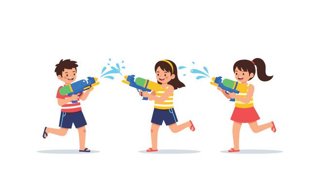 Group of happy children having fun playing with colorful water guns outdoors on a sunny day during summer vacation time in the backyard.
