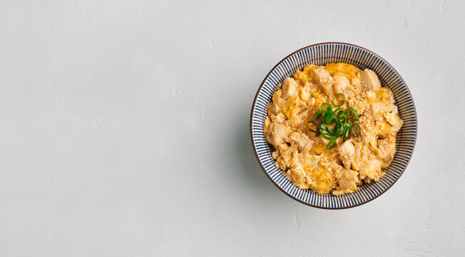 Oyakodon, traditional Japanese meal, comfort food, top view, copy space