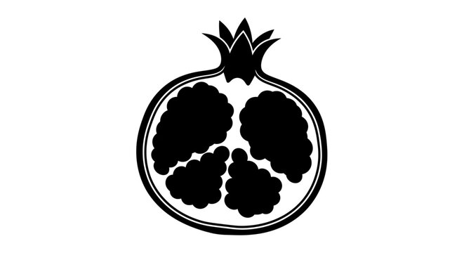 A striking black silhouette of a halved pomegranate fruit