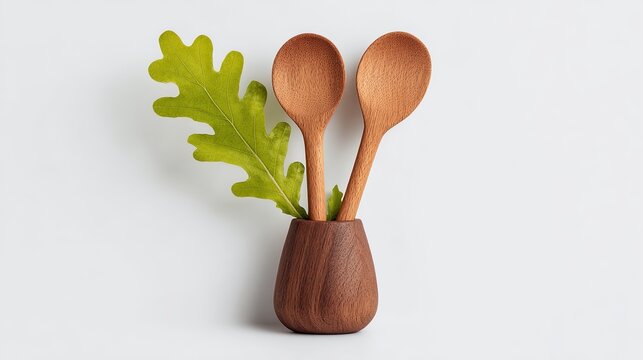 Two wooden spoons standing in a small dark brown wooden cup with a vibrant green oak leaf against a light gray background