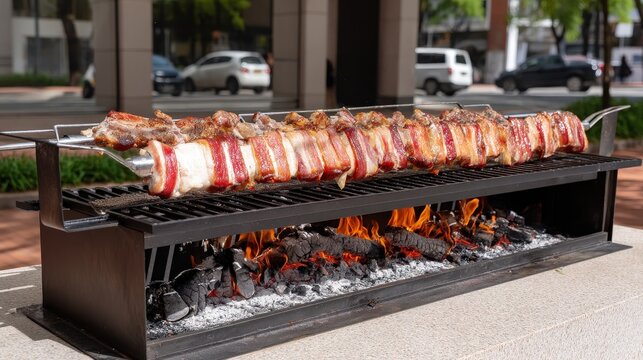 Asado grill with meat and chicharron on hot coals and griddle. Scene on stone floor in sunny weather with gray wall