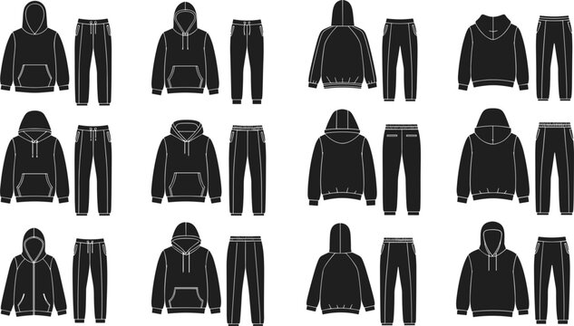Professional Hoodie and Sweatpants Technical Sketch Vector Set Featuring Diverse Urban Streetwear Fashion Templates Isolated on White Background for Apparel Designs
