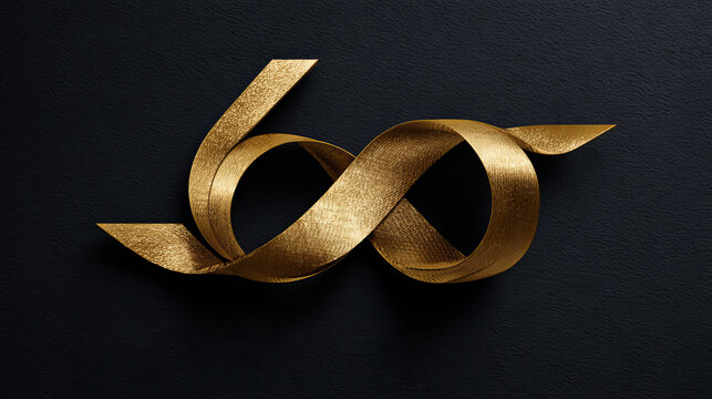 60th Anniversary luxury gold celebration with Ribbon Shape overlapping number logo typography vector design twisted infinity concept. Sixty years anniversary gold template for celebration event, web.