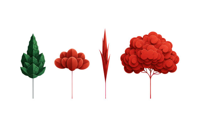 Minimalist paper cut trees collection, stylized red and green forest elements, geometric papercraft nature set for eco-friendly branding and design isolated PNG with Transparent Background