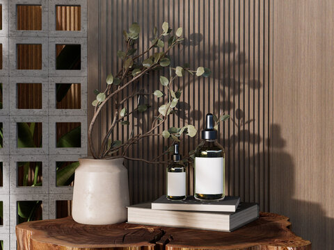 Skincare dropper bottle mockup set with blank labels on stacked books and wooden table. Natural light, plant branches, and textured wall. Organic branding scene for beauty product display. 3D render