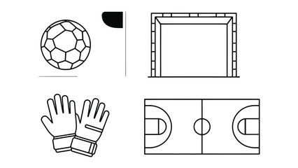 Soccer Essentials: An illustration showcasing key elements of soccer, including a soccer ball, a goal, a corner flag, soccer field and a pair of gloves.  © Nadim