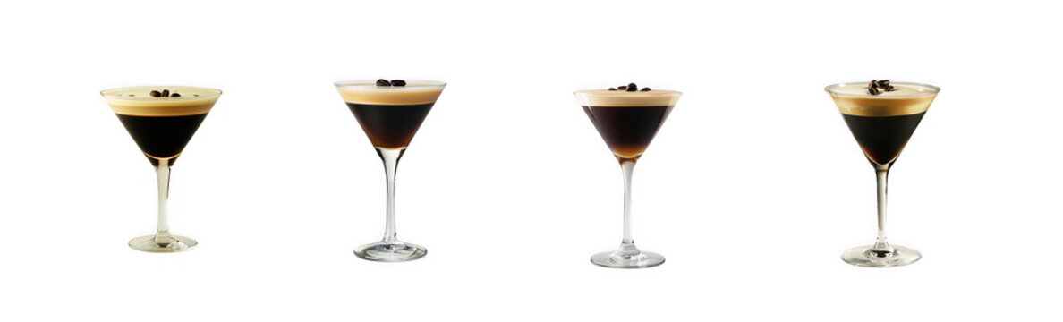 Four espresso martini cocktails with coffee bean garnish as PNG element isolated on transparent background